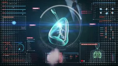İşadamı pulmoner tanılama dijital ekran, dönen insan akciğer, çok dokunaklı. X-Ray görüntü. tıbbi teknoloji.