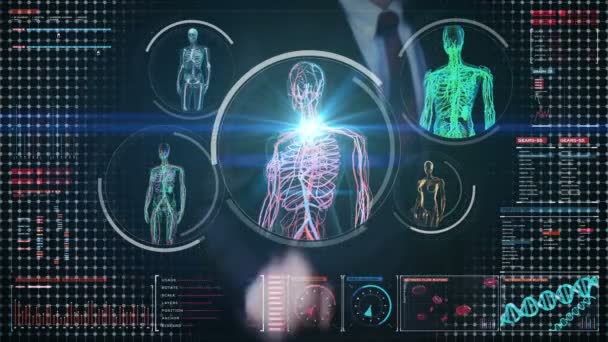 Geschäftsmann berührt digitalen Bildschirm, weiblichen Körper scannt Blutgefäße, Lymphsystem, Kreislauf-System in der digitalen Anzeige Armaturenbrett. blauer Röntgenblick. — Stockvideo