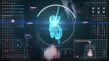 Dokunmadan dijital ekran, yakınlaştırma vücut tarama iç organlar, dijital ekran sindirim sisteminde iş adamı. Mavi x-ışını görünümü. 