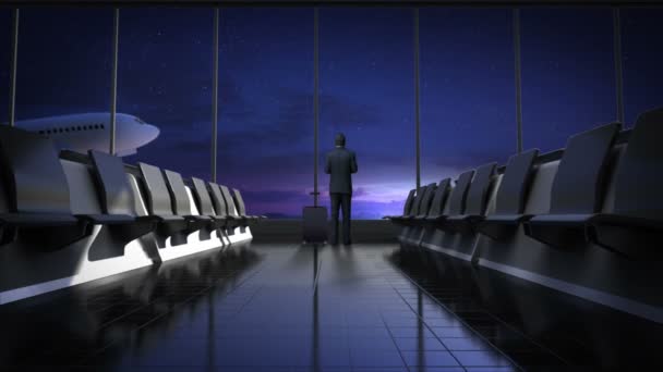 Businessman in flight waiting hall. Departure airplane in night sky. moving camera. — Stock Video