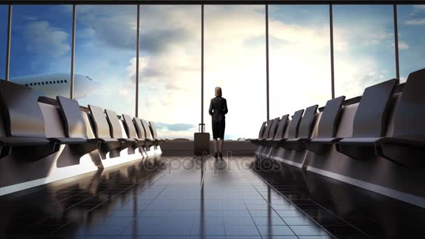 Businesswoman in flight waiting hall. Departure airplane in blue sky. moving camera. — Stock Video