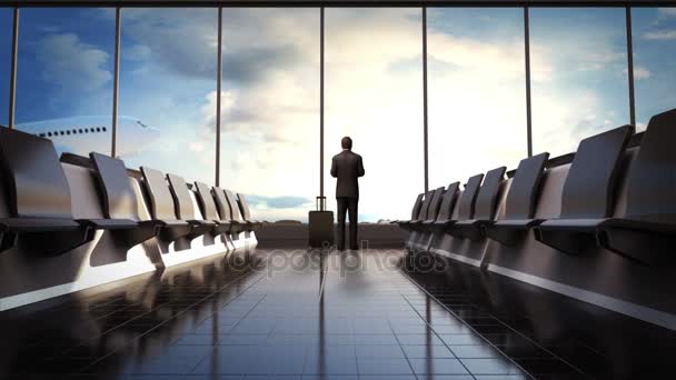 Businessman in flight waiting hall. Departure airplane in blue sky. moving camera. — Stock Video