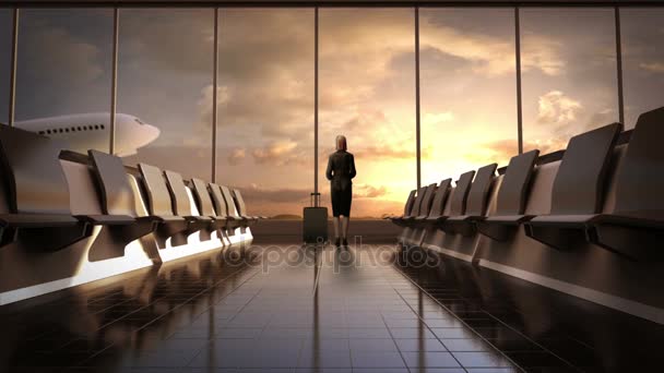 Бізнес-леді в залі очікування польоту. Відправлення літака на заході сонця. рухома камера . — стокове відео