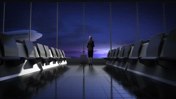 Бізнес-леді в залі очікування польоту. Відправлення літака в нічне небо. рухома камера . — стокове відео