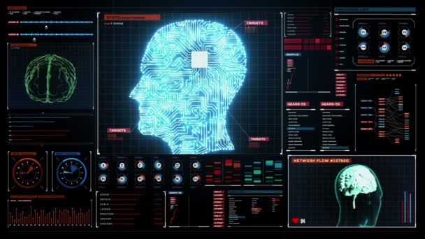 Κεφάλι του εγκεφάλου σχήμα συνδεδεμένη με ψηφιακές γραμμές στην ψηφιακή οθόνη του ταμπλό, μεγαλώνουν τεχνητής νοημοσύνης — Αρχείο Βίντεο