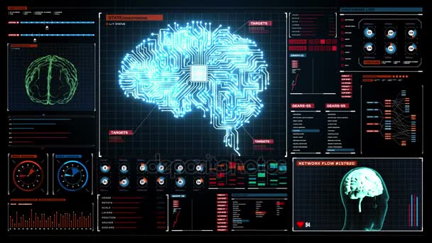 Hjärnan ansluten Cpu chip kretskort i digitala displayen dashboard, växa artificiell intelligens — Stockvideo