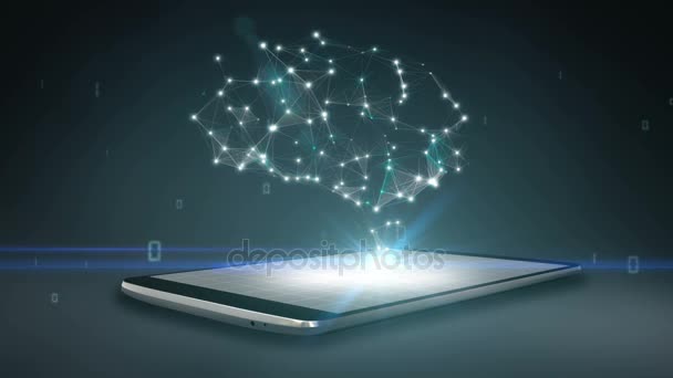 Cerebro conectar líneas digitales en el teléfono inteligente, almohadilla inteligente móvil, crecer la inteligencia artificial — Vídeos de Stock