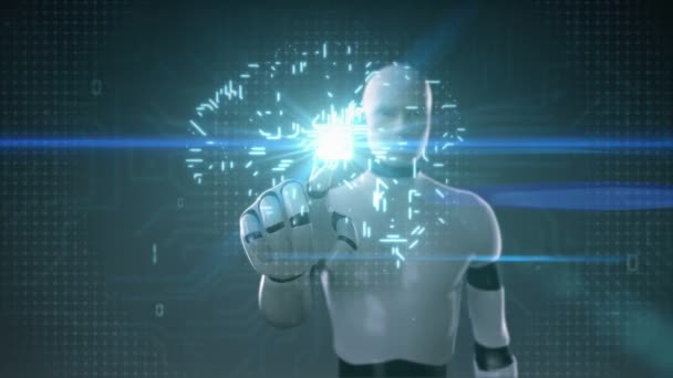 Робот-киборг трогает подключенную к мозгу процессорную плату, растет искусственный интеллект — стоковое видео