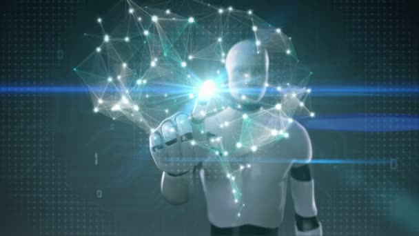 Robot cyborg megható agy összeköt digitális vonalak, mesterséges intelligencia nő