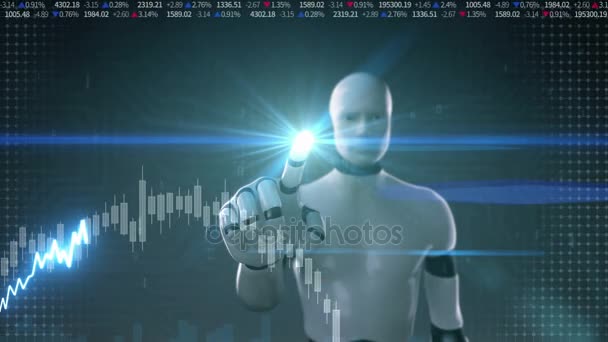 Robot cyborg pantalla táctil, varios gráficos animados de la Bolsa y gráficos. línea de aumento. Inteligencia artificial — Vídeo de stock