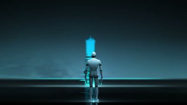 Robot cyborg animasyonda şehir manzarası ve marka şehir bina inşaat önü. Neon mavi gece.