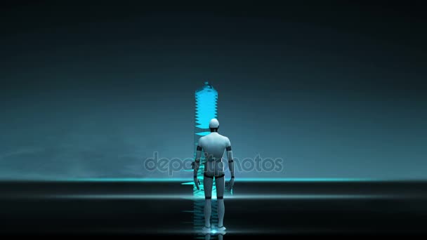 Robot cyborg voorzijde van bouw gebouw van stad skyline en make stad in animatie. neon blauwe nacht. — Stockvideo