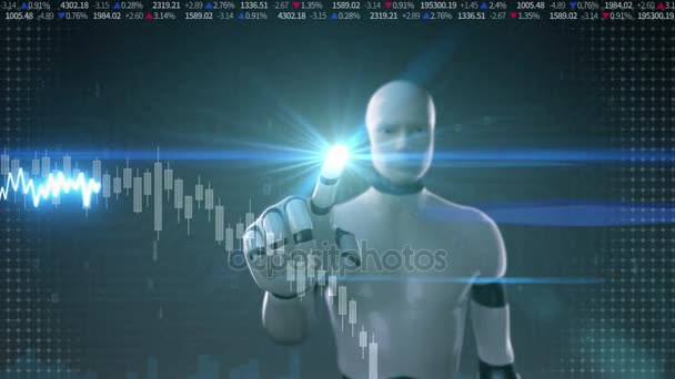 Робот-киборг касался экрана, различных анимационных графиков и графиков фондового рынка. Средняя линия. Искусственный интеллект — стоковое видео
