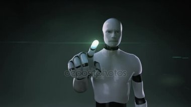 Robot cyborg yeşil yaprak Yuan para, para birimi işareti, yapılan dokunmadan bırakır.