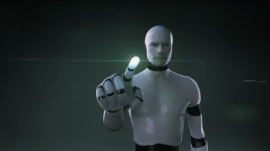 Robot cyborg yeşil yaprak Yen para, para birimi işareti, yapılan dokunmadan bırakır.