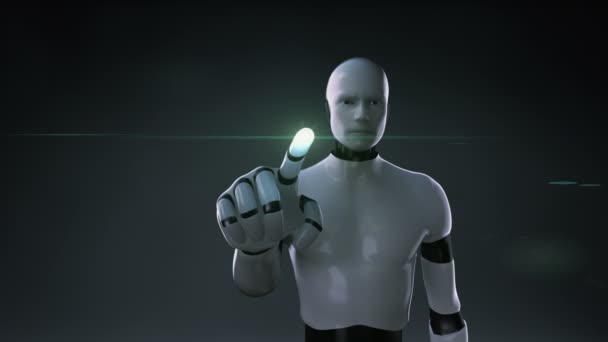 Robot cyborg touchant point d'exclamation vert fabriqué à partir de feuilles. feuilles .