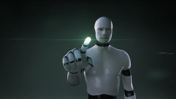 Robot cyborg toccare foglia verde Ha vinto soldi, segno di valuta, fatta da foglie . — Video Stock