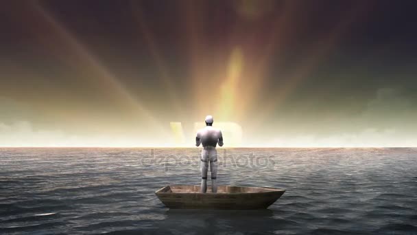 Stoupající překlep "V R', přední části robota, kyborg na lodi, v oceánu, moře. — Stock video