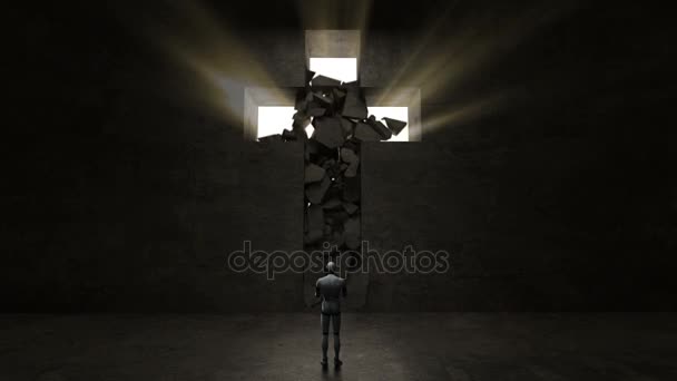 Робот, киборг, идущий по форме креста по черной стене . — стоковое видео