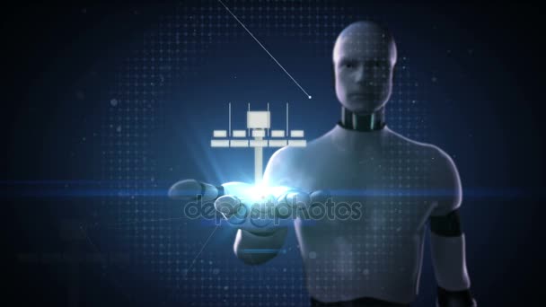 Robot cyborg membuka telapak tangan, panel surya. eko energy.presentation (termasuk alfa ) — Stok Video