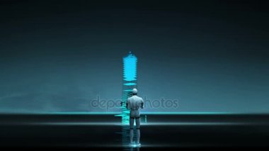 Robot cyborg animasyonda şehir manzarası ve marka şehir bina inşaat önü. Neon mavi gece.