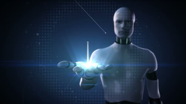 Robot cyborg open palm, windturbine. Eco-energie. (inclusief alpha) — Stockvideo