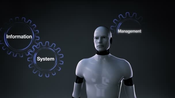 Gear with keyword, information management development system, solutions. Robot, cyborg touching 'Technology' — Stock video