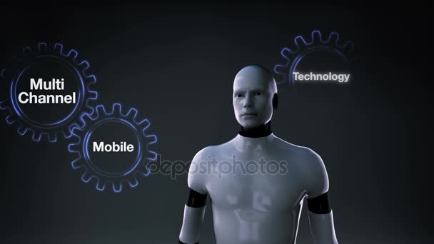 Vistuig met trefwoord, Technologie, Blogs, Sociale media, Multi channel, Mobiel, Robot, cyborg touchscreen 'DIGITALE MARKETING' — Stockvideo