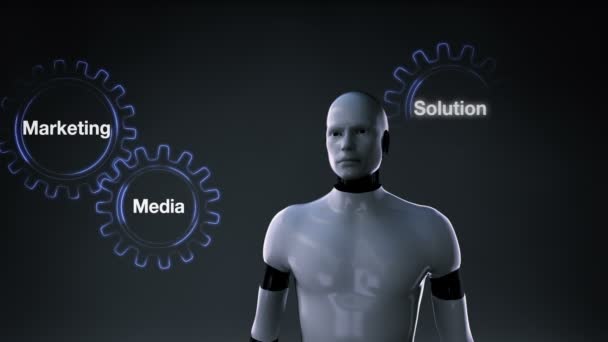 Engranaje con la palabra clave, solución, regeneración, conexión, comercialización, medios de comunicación,, robot, cyborg que toca la pantalla 'COMUNICACIÓN' — Vídeos de Stock