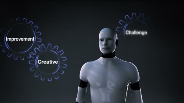 Gear met trefwoord, Uitdaging, Mogelijkheid, Creatief, Verbetering, Succes, Robot, cyborg touchscreen 'INNOVATIE' — Stockvideo