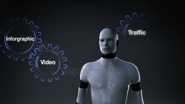 Ingranaggio con parola chiave, Ricerca, Inforgrafico, Video, Traffico, Ottimizzazione, Robot, touchscreen cyborg 'PROMOZIONE' — Video Stock