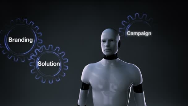 Gear with keyword, Branding, Solution, Customers, Campaign, Success, Robot-cyborg touching screen 'Marketing PLAN' — стоковое видео