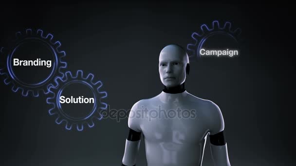 Equipo con palabra clave, Branding, Solución, Clientes, Campaña, Éxito, Robot cyborg pantalla táctil 'ESTRATEGIA CORPORATIVA' — Vídeo de stock