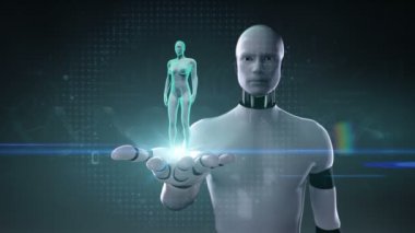 Robot cyborg açın palm, yakınlaştırma kadın bedeni rahim, mavi X-ray görüntü tarama.