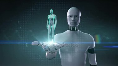 Robot cyborg avuç, yakınlaştırma kadın bedeni ve tarama insan kas, kan sistemi, mavi x-ışını ışık.
