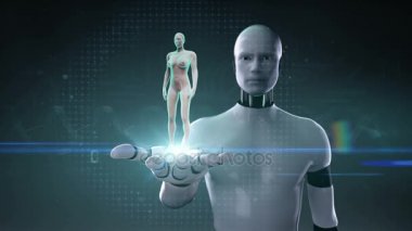 Robot cyborg palm, tarama vücut açın. Dönen insan kadın akciğer, akciğer tanılama. Mavi x-ışını ışık.