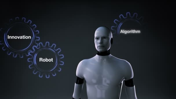 Gear met trefwoord, Toekomst, Programmering, Algoritme, Innovatie, Robot cyborg touchscreen 'ARTIFICIËLE INTELLIGENCE' — Stockvideo