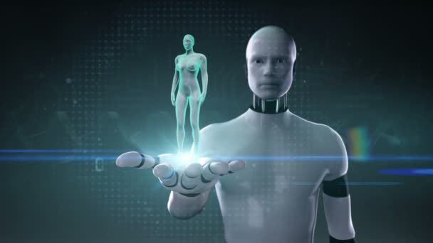 Robot cyborg nyitott tenyér, a női emberi test fürkésző a nyirokrendszer. Röntgen, kékfény. — Stock videók