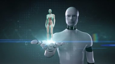 Robot, robot palm, yakınlaştırma açık kadın bedeni ve tarama kalp açma. İnsan kalp-damar sistemi. Mavi x-ışını ışık.