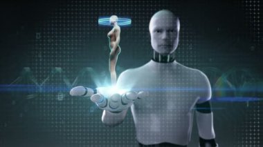 Robot, cyborg palm, dönen kadın insan, tarama kalp-damar sistemi, iskelet yapısı, kemik sistemi, açık mavi x-ışını ışık.