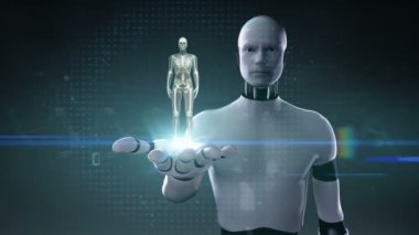 Robot, robot açık palm, dönen kadın insan iskelet yapısı, kemik sistemi, mavi x-ışını ışık.