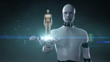 Robot, robot açık palm, dönen kadın insan vücudu, mavi x-ışını ışık.