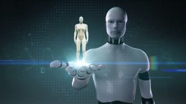 Robot, robot açık palm, dönen kadın insan vücudu, mavi x-ışını ışık.