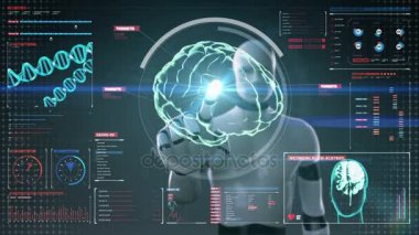 Robot, dijital ekran, insansı, dokunmadan cyborg dijital gösterge tablosu içinde beyin tarama. X-ışını görünümü