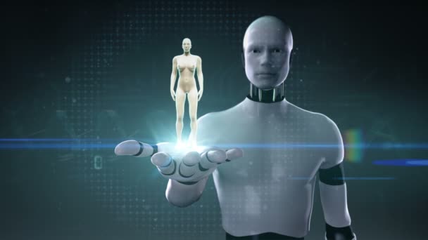 Robot, robot açık palm, dönen kadın insan vücudu, mavi x-ışını ışık. — Stok video