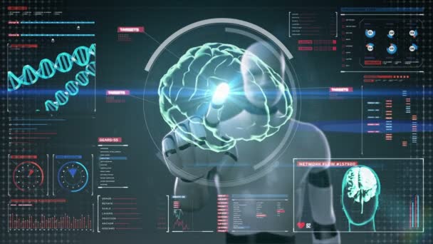 Robot, cyborg tocando la pantalla digital, humanoide, escaneando el cerebro en el tablero de la pantalla digital. Vista de rayos X — Vídeo de stock
