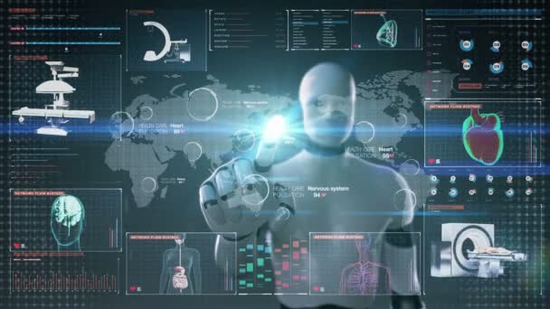 Roboter, Cyborg Touch World Medical Care Service in der Welt, Ferndiagnose und -behandlung, Telemedizin im digitalen Display-Armaturenbrett, Benutzeroberfläche. — Stockvideo