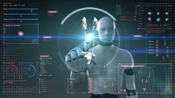 Robot, cyborg digitale scherm, scannen nieren in digitaal display dashboard aan te raken. X-ray weergave. — Stockvideo