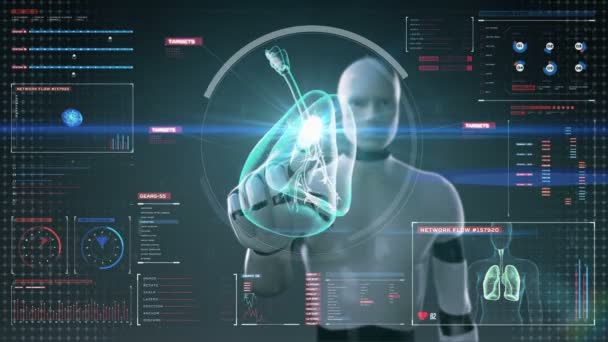 Робот, киборг, касающийся цифрового экрана, вращающиеся легкие человека, легочная диагностика. Рентгеновское изображение. медицинские технологии . — стоковое видео