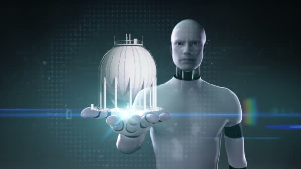 Robot cyborg otworzyć dłoń, kula magazynowania gazu w zakładach petrochemicznych, zbiornik oleju. — Wideo stockowe